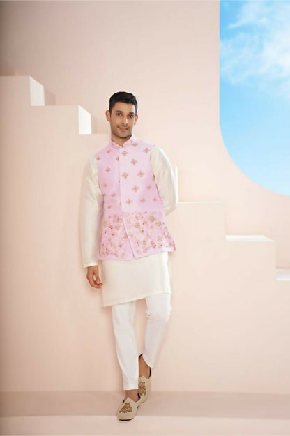 Lavender Pink Hand Embroidered Nehru Jacket by Hilo Design