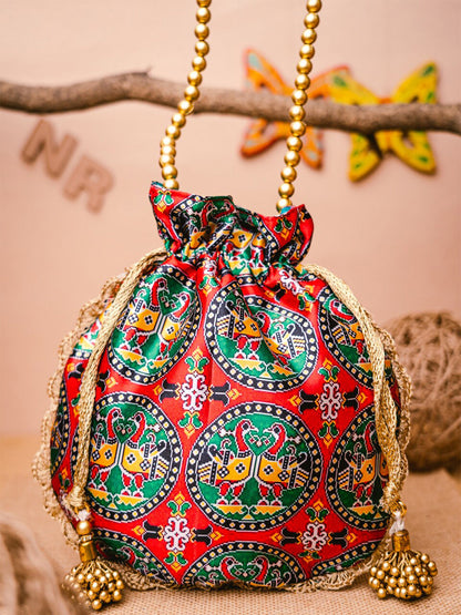 NR By Nidhi Rathi Red & Green Printed Potli Clutch