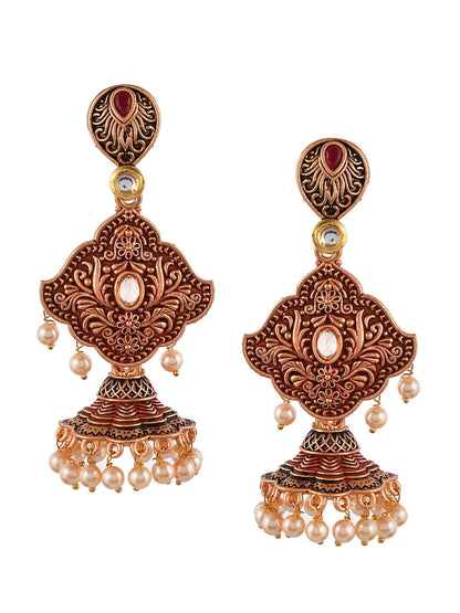 Shoshaa Maroon & Gold-Toned Contemporary Jhumkas Earrings