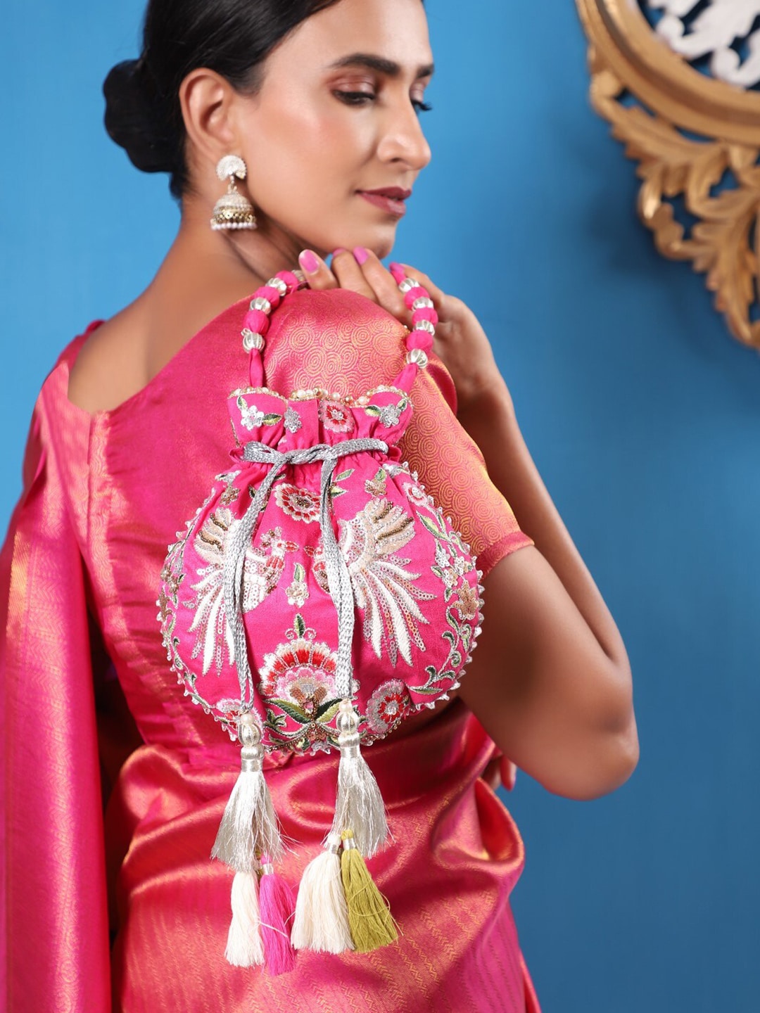 Masq Magenta & White Embroidered Potli Clutch