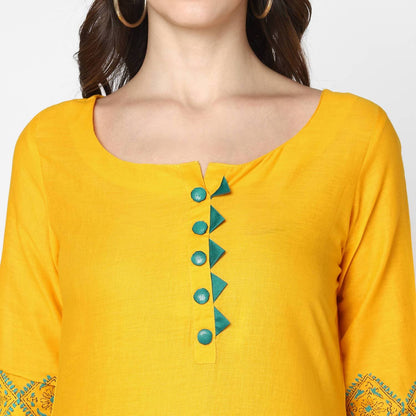 Cheera Hand Block Print Mustard & Magenta Straight Kurta With Palazzo (MAAI-078K)