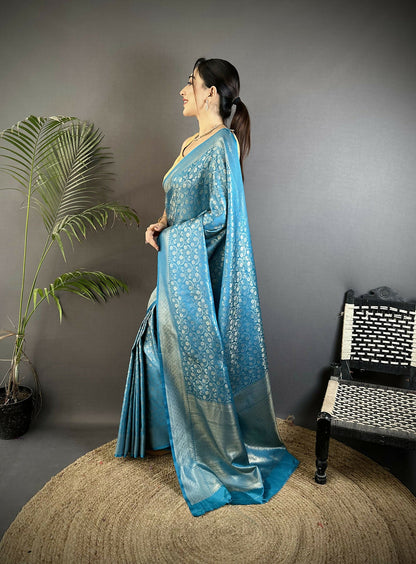 Joban Fashion Aqua Blue Floral & Paisley Motifs Soft Satin Silk Banarasi Saree