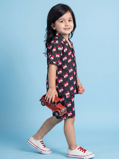 Breathables Woven Cotton Half Sleeves Mickey Mouse Shirt & Shorts Black