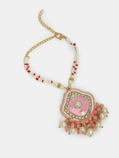 NVR Women & Men Set of 2 Pink Lotus Shape Kundan Stone-Studded & Beaded Bhaiya Bhabhi Rakhi With Roli Chawal