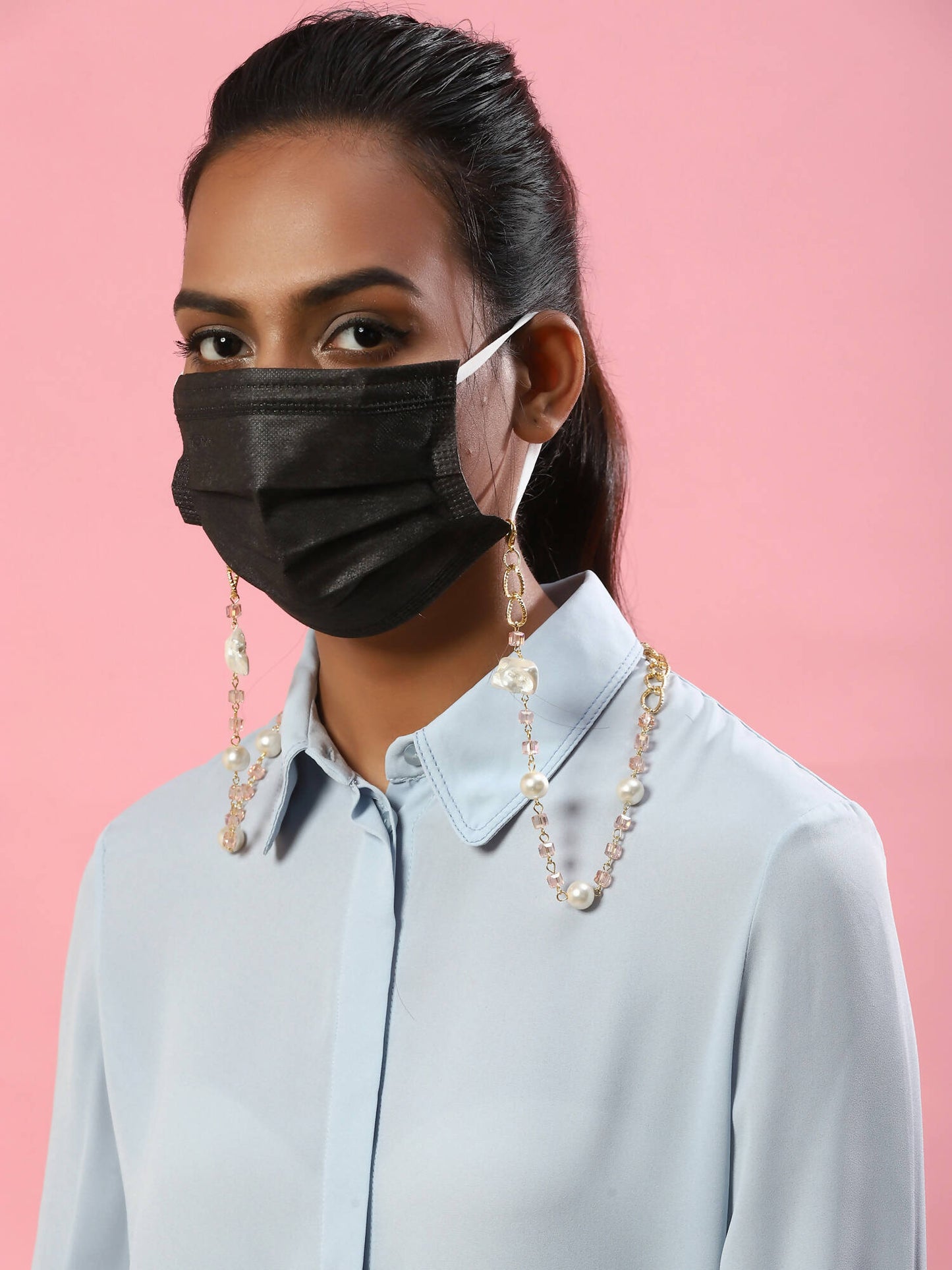 White Golden Embellished Mask Chain - Ruby Raang