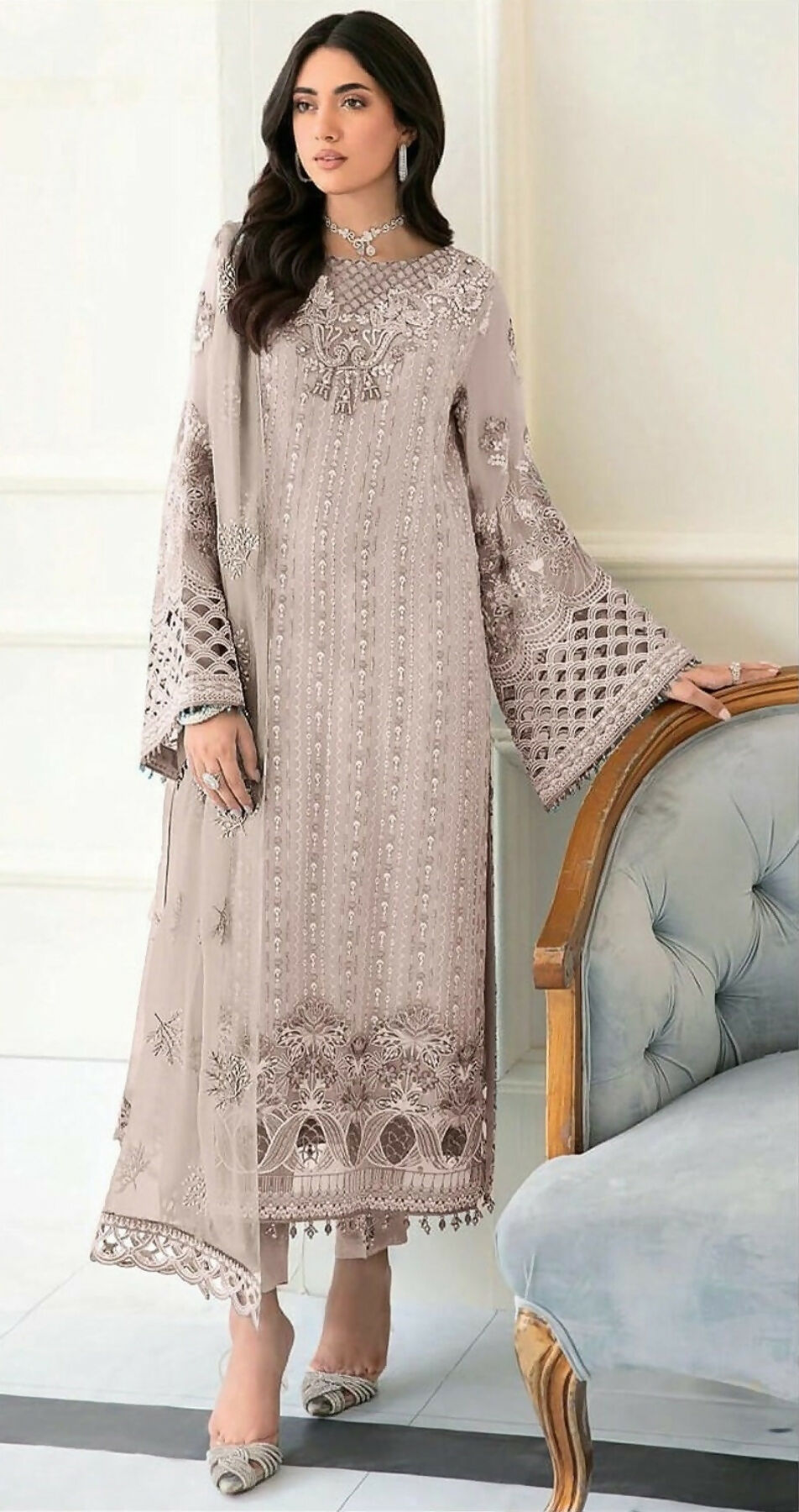 Anaita Baige Fox Georgette Stitched Suit with Embroidery Sequence Work & Khatli Work