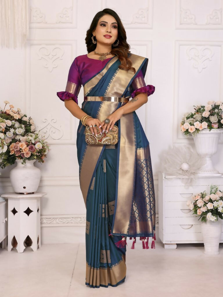 Anaita Navy Blue Soft Silk With Zari Weaving Borders Saree With Blouse