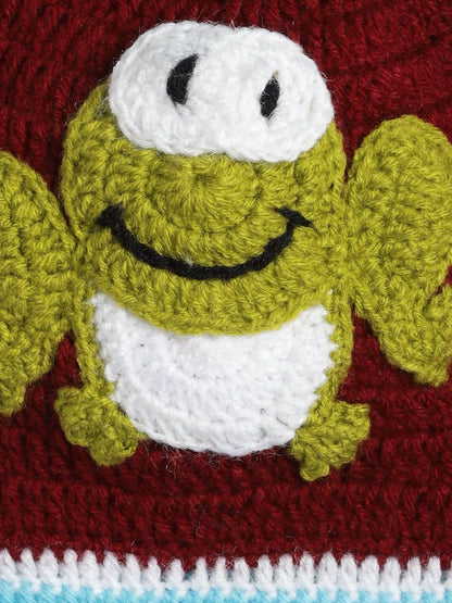 Chutput Kids Woollen Hand Knitted Frog Detailed Cap - Maroon