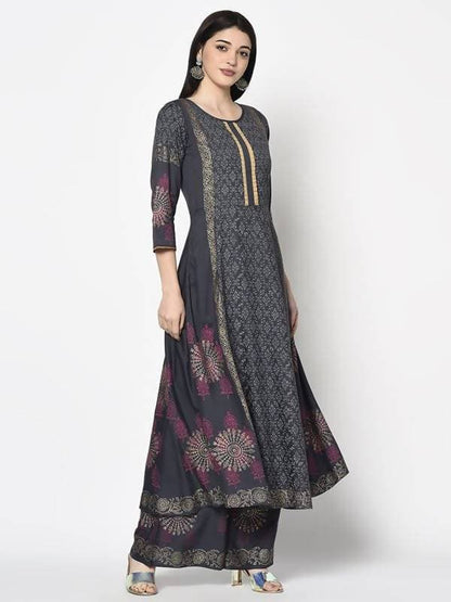 Aniyah Rayon Dark Grey Color Block Print Anarkali Palazzo Set (AN-199K)
