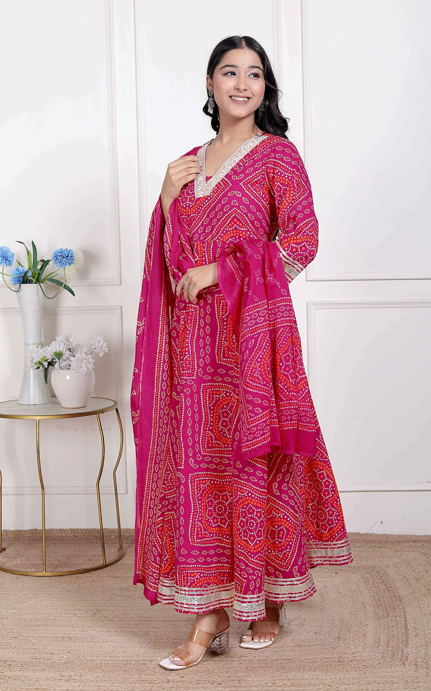 Miravan Women's Bandhani Ethnic Anarkali Kurta and Dupatta