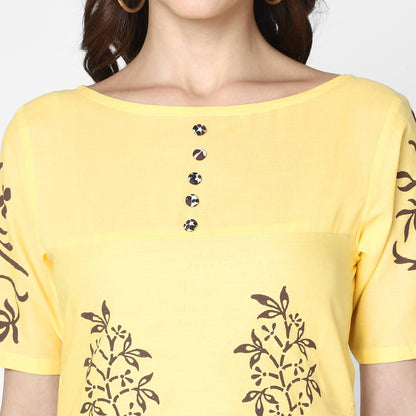 Cheera Hand Block Print Pale Yellow & Black Straight Kurta With Palazzo (MAAI-082K)