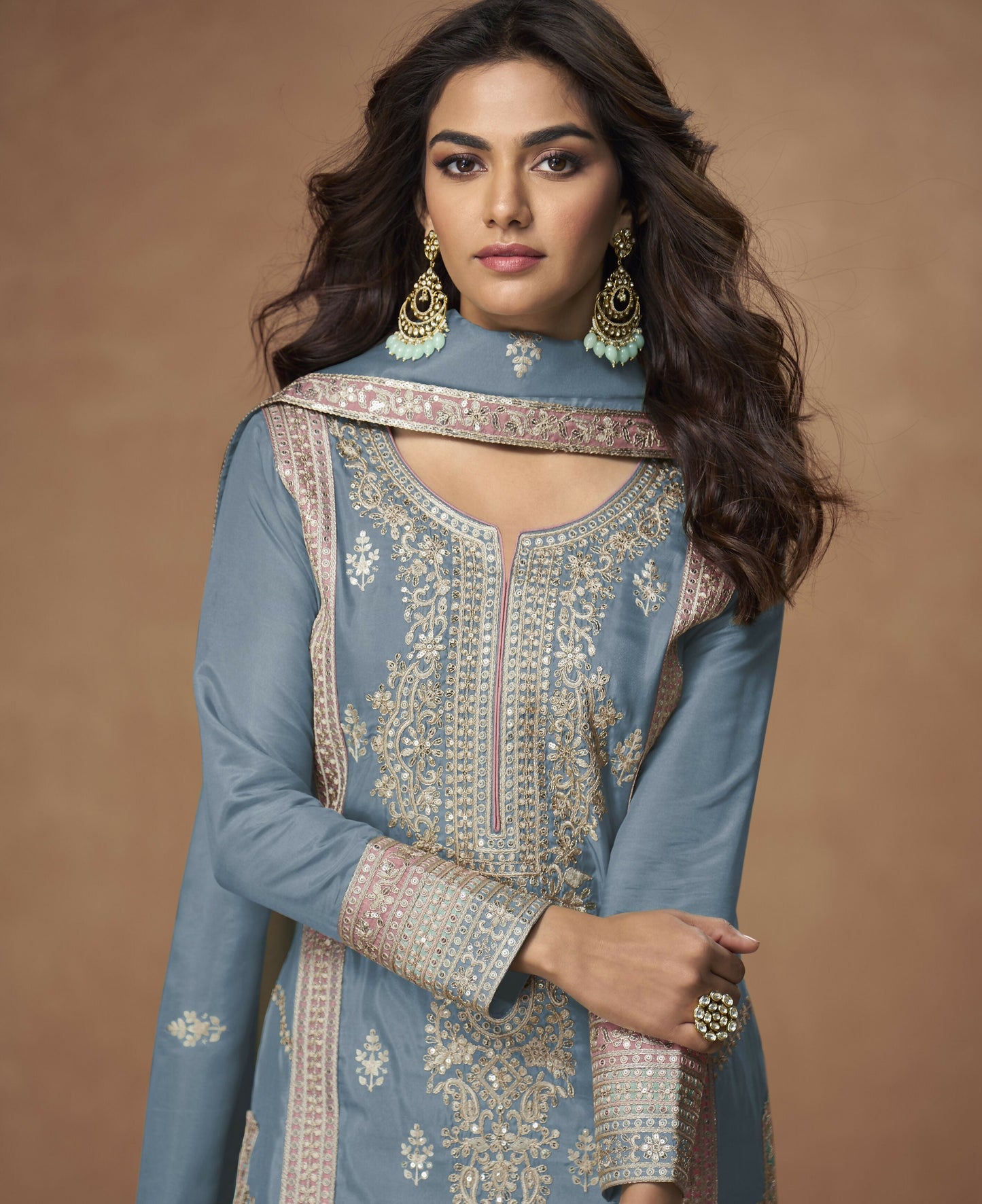 Anaita Sky-Blue Chinon Readymade Palazzo Suit with Embroidery Sequence Work