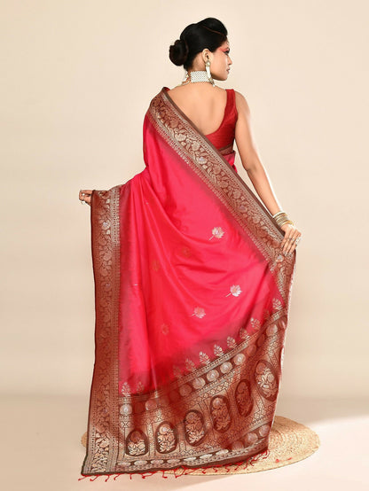 Joban Fashion Rani Pink & Bottle Green Plain With Weaving Border Banarasi Silk Sarees