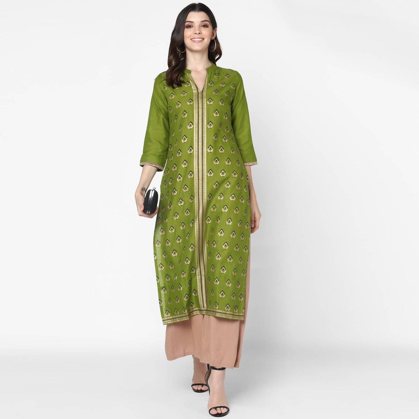 Cheera Hand Block Print Olive Green Straight Kurta (MAAI-044K)
