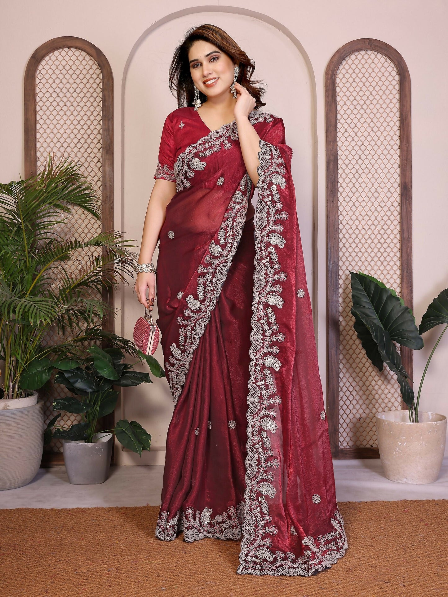 Teeya Creation New Womens Latest Party Wear Soft Chiffon Silk Saree-Red