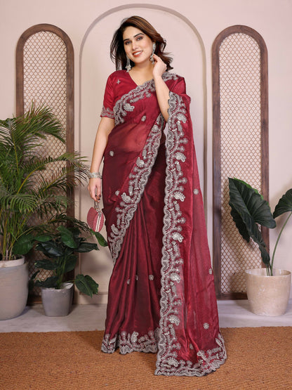 Teeya Creation New Womens Latest Party Wear Soft Chiffon Silk Saree-Red