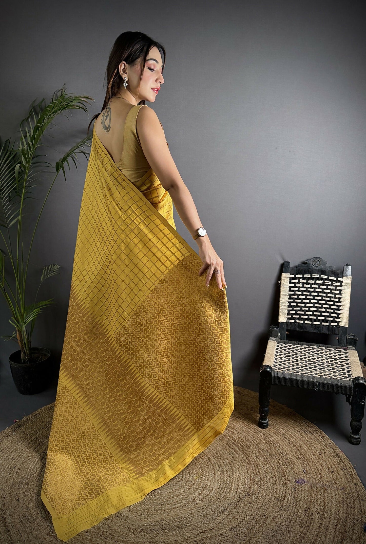 Joban Fashion Golden Yellow Banarasi Soft Lichi Silk Checks & Woven Saree