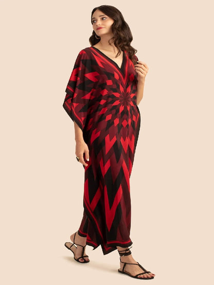 V Neck Printed Lounge Wear Soft Silk Crepe Kaftan J5765