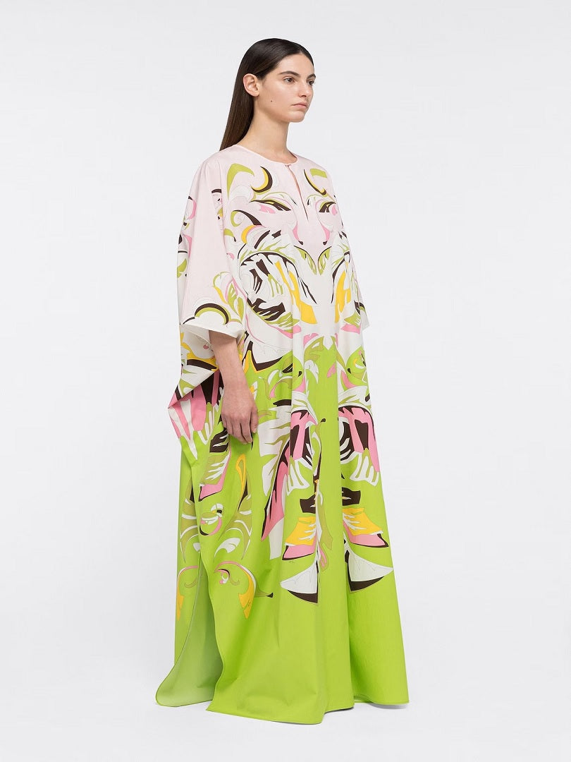 Trending Free Size Crepe Silk Beach Kaftan Green Off-White J5692