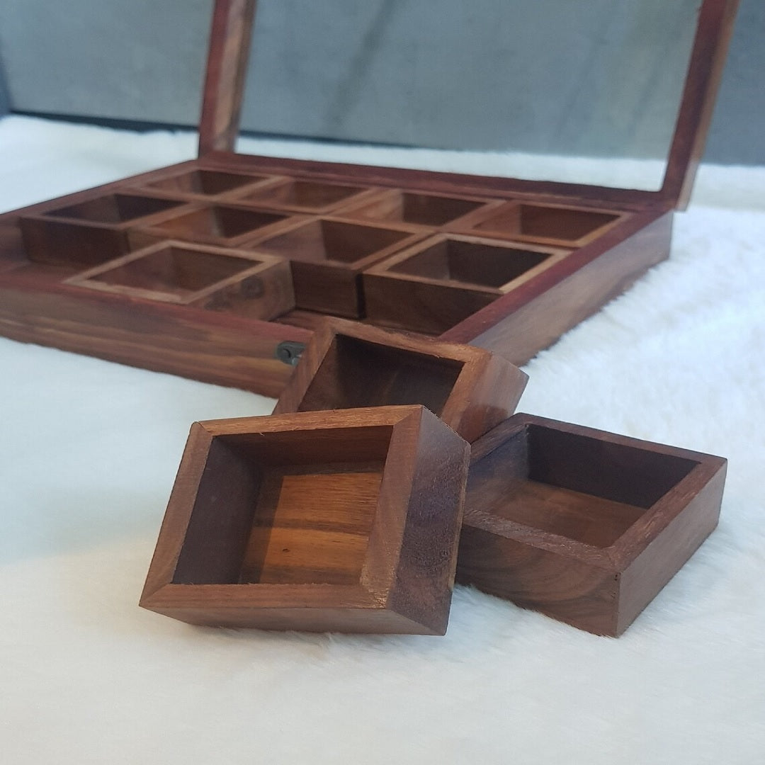 Wooden Multi-Compartment Storage Box Multipurpose Table Top Glass Lid on Top Box Spice box Dry Fruit Box