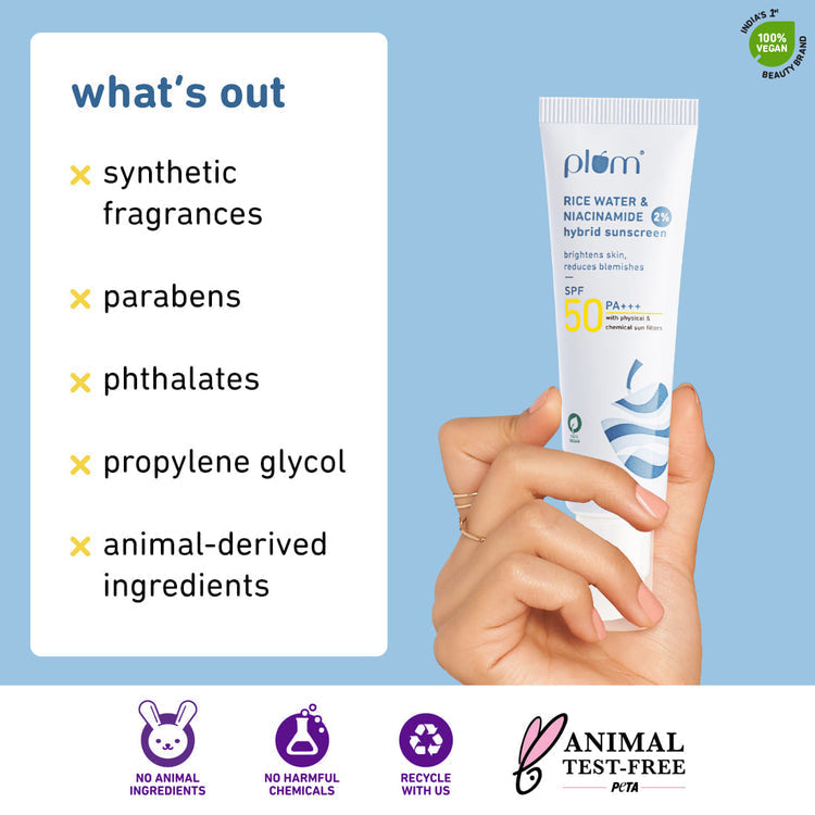 Plum 2% Niacinamide & Rice Water SPF 50 PA+++ Hybrid Sunscreen - 50 GMS