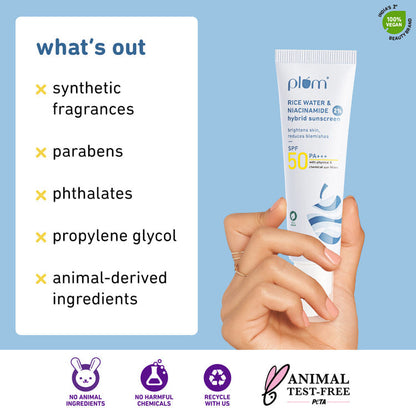 Plum 2% Niacinamide & Rice Water SPF 50 PA+++ Hybrid Sunscreen - 50 GMS
