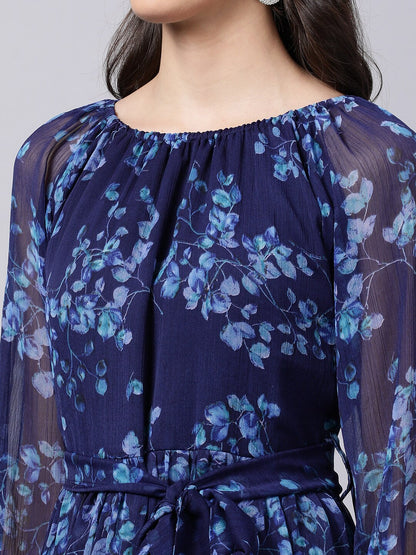 Souchii Navy Blue Floral Layered Chiffon A-Line Midi Dress