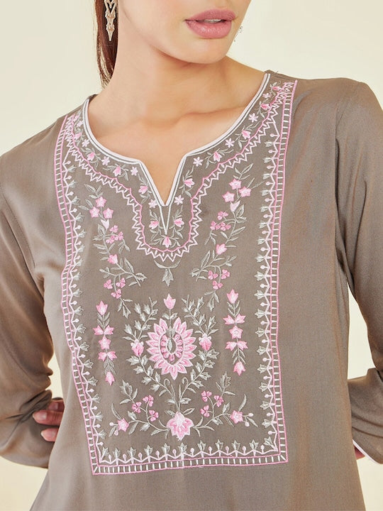 Soch Beige & Pink Notched Neck Floral Embroidered Straight Kurta