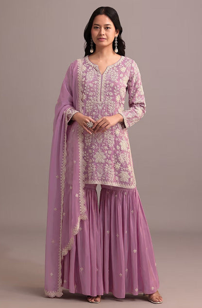 Anaita Pink Embroidered Faux Georgette Sharara Suit
