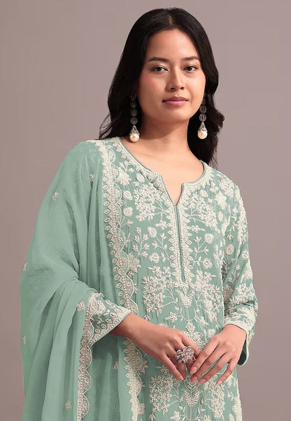 Anaita Green Embroidered Faux Georgette Sharara Suit