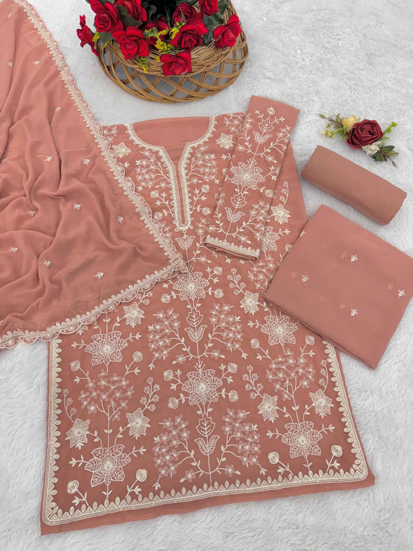 Anaita Peach Embroidered Faux Georgette Sharara Suit
