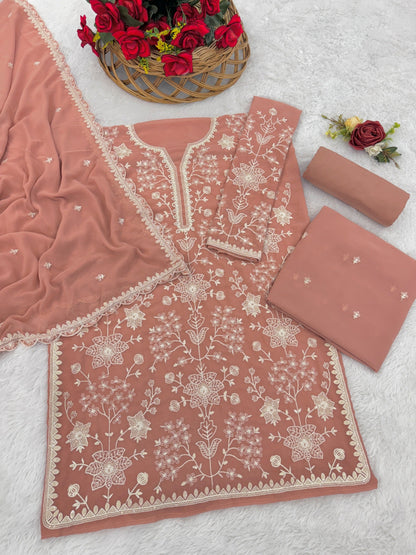 Anaita Peach Embroidered Faux Georgette Sharara Suit