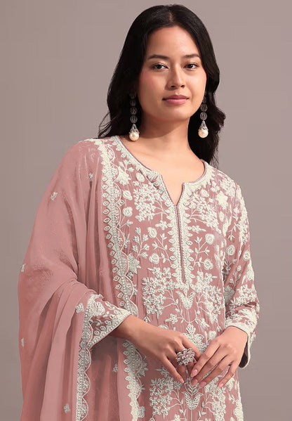 Anaita Peach Embroidered Faux Georgette Sharara Suit
