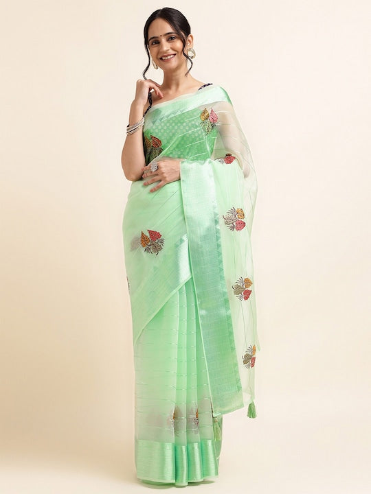 Fabmora Satin Floral Embellished Embroidered Organza Designer Saree