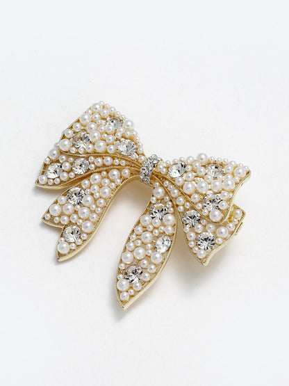 Panash Women Gold-Toned & White Embellished Bow-Shaped Alligator Hair Clip