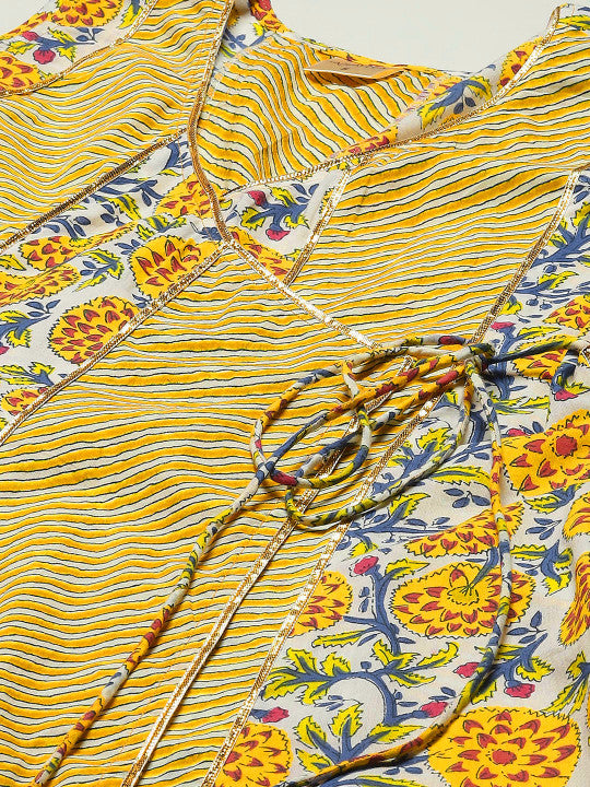 Anayna Women Yellow Ethnic Motifs Angrakha Pure Cotton Kurta with Trousers & Dupatta
