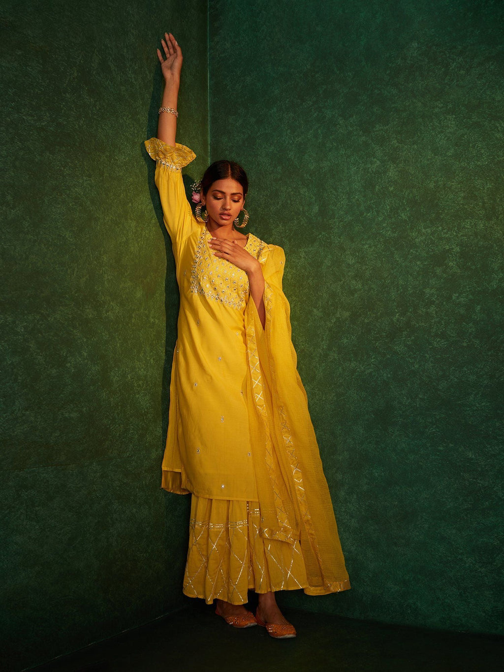 Likha Yellow Mirror & Gota Work Kurta Sharara & Dupatta LIKSKD148 (Set of 3)