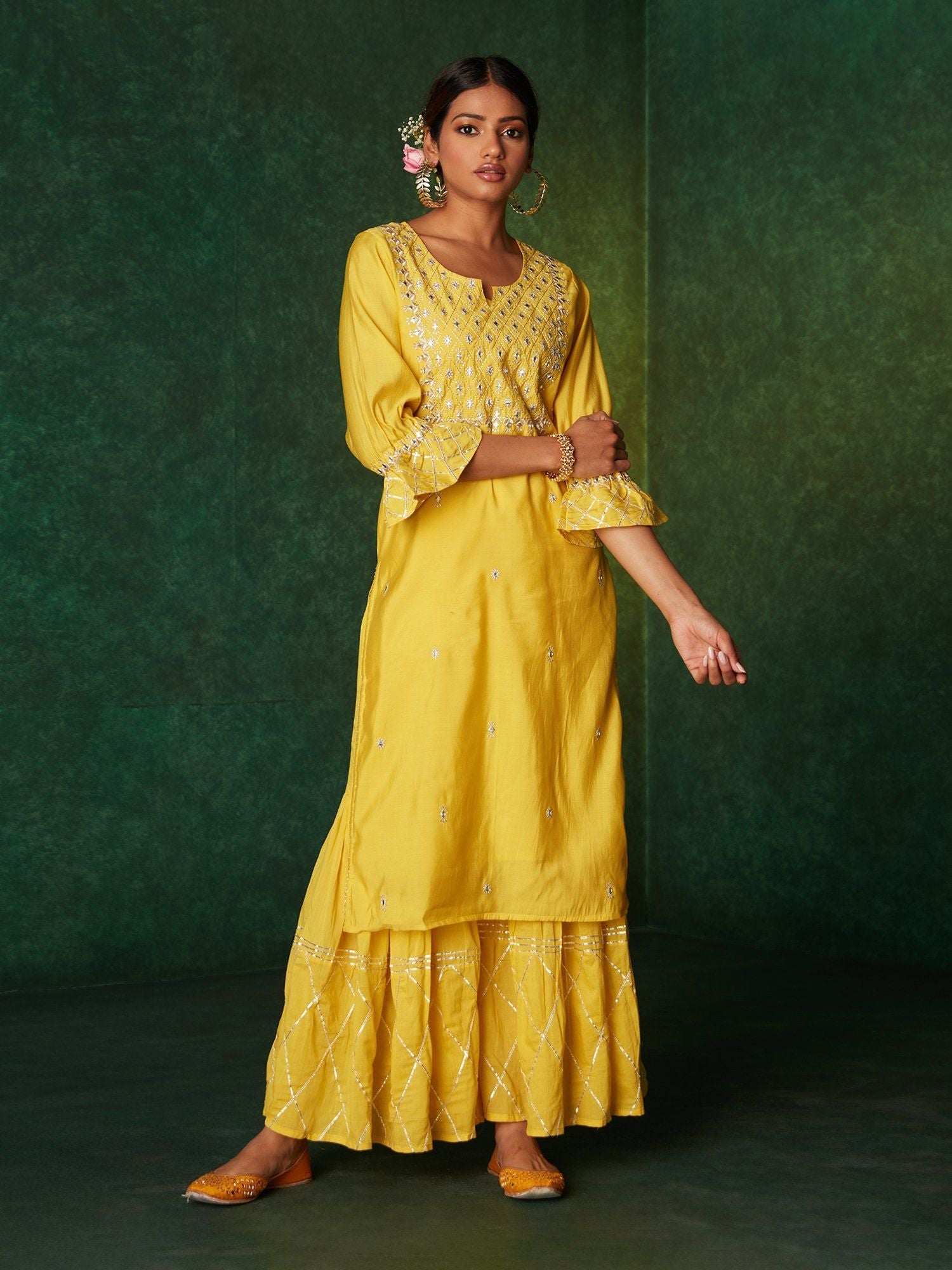 Likha Yellow Mirror & Gota Work Kurta Sharara & Dupatta LIKSKD148 (Set of 3)