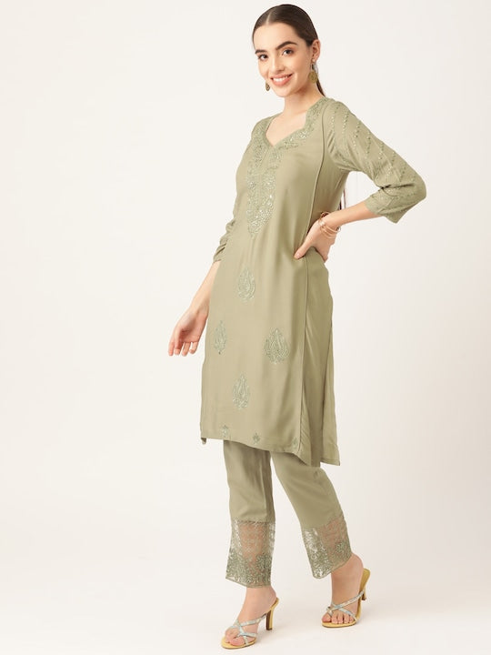Anouk Women Olive Green Ethnic Motifs Yoke Design Kurta with Palazzos & With Dupatta