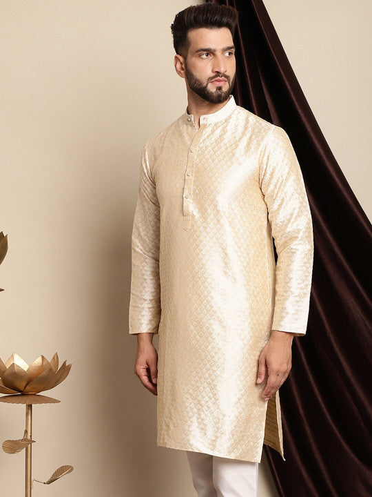 Anouk Ethnic Motifs Woven Design Band Collar Silk Cotton Regular Kurta