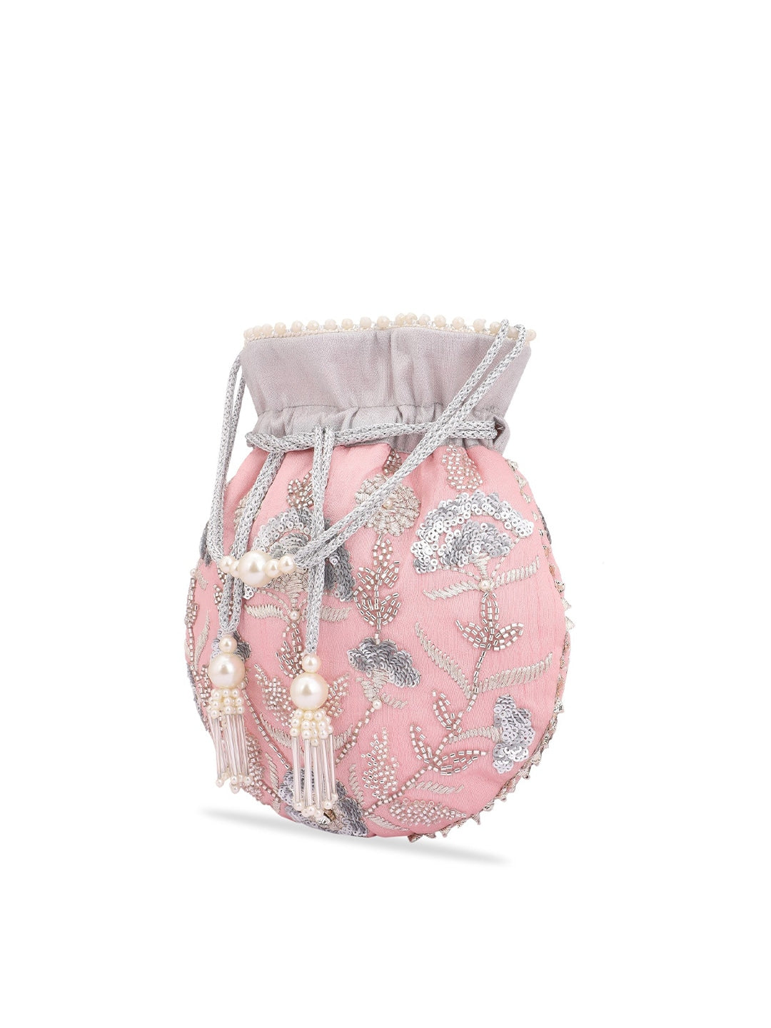 Masq Peach-Coloured & Grey Embroidered Potli Clutch