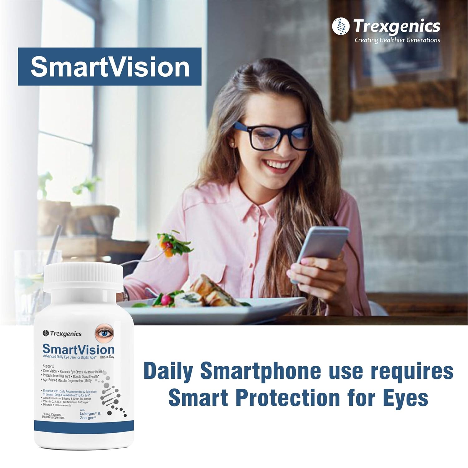 Trexgenics Smartvision Advanced Eye Care Multivitamin with Lutein, Zeaxanthin, Bilberry, Green Tea, Vitamin A, d, e, c, B-Complex and Minerals One-a-Day Formula for Digital Age -60 Veg. Capsules