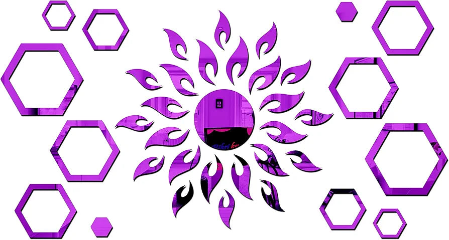 Bikri Kendra Art BK71, Sun with Hexagon Ring 2 Set 3D Acrylic Mirror Stickers for Wall