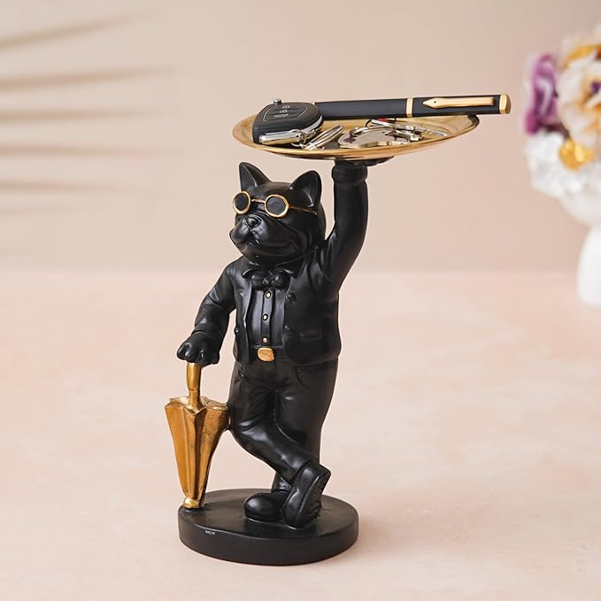 Ecraftindia Black and Golden Polyresin Cat Statue in Formal Dress and Sunglasses With Umbrella Animal Figurine