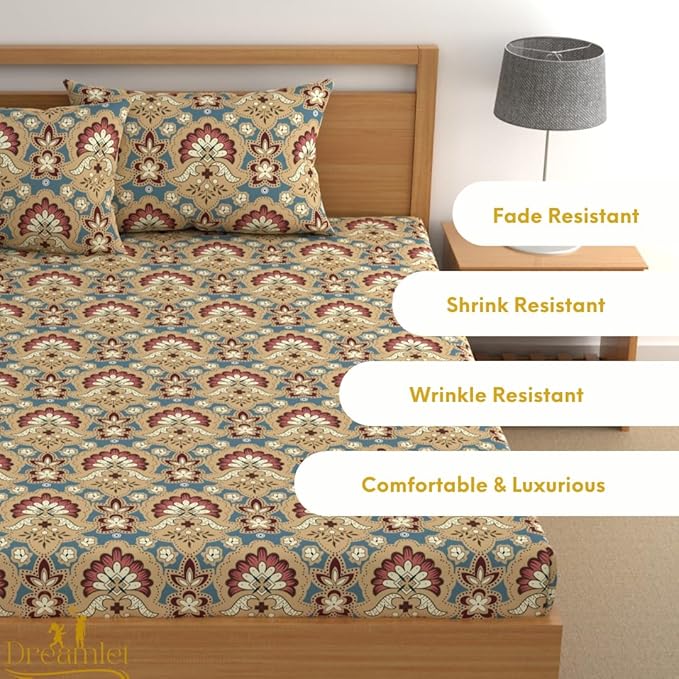 Dreamlet Bedsheet for Double Bed Elastic Fitted Bedsheet 180tc Glace Cotton Bedsheet With 2 Pillow Covers Brown Multi