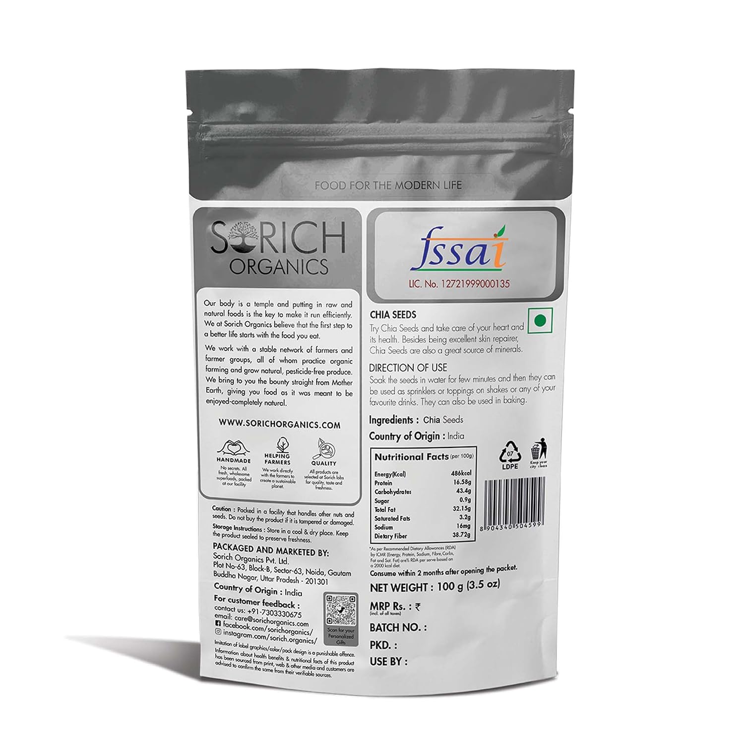 Sorich Organics Raw Chia Seeds for Eating Hair Growth | Morning Breakfast Healthy Snacks | Rich in Fiber & Omega-3 | Diet Food