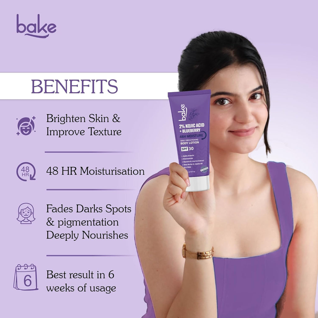BAKE 2% Kojic Acid Brightening Body Lotion (200 ml) with Niacinamide & SPF 30 PA+++ for Pigmentation & Tan Removal | For Dark Spots & Sun Protection | De-Tan Body Lotion | Tanned & Pigmented Skin | For Women & Men