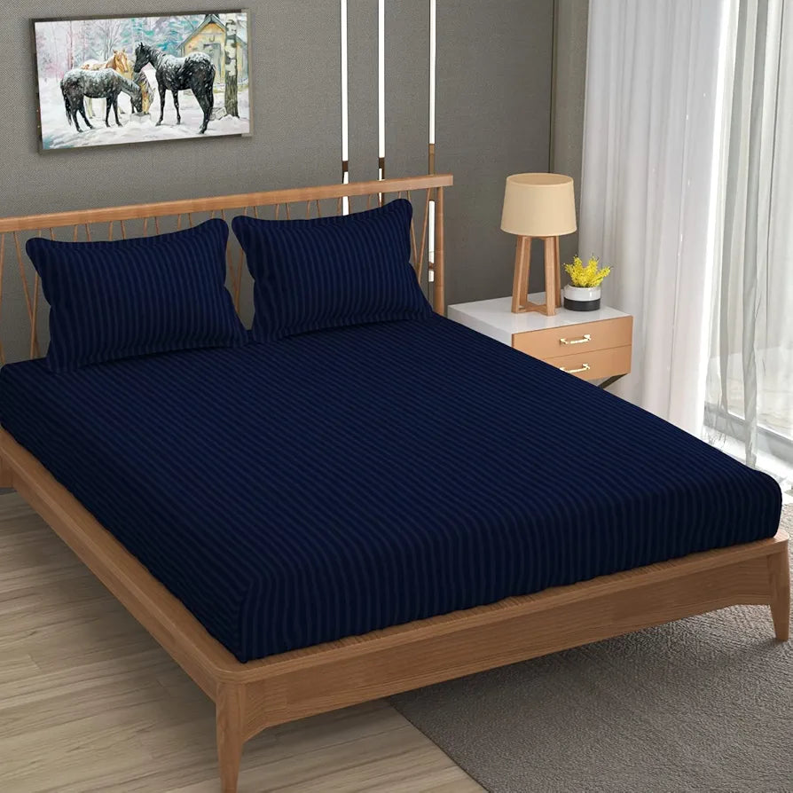 Homefab India 160 TC Stripe Glace Cotton Double BedSheet with 2 Pillow Covers Navy Blue
