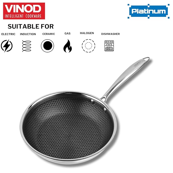 Vinod Platinum Triply Stainless Steel X Fry Pan 20 cm |Honeycomb Pattern Design Inside