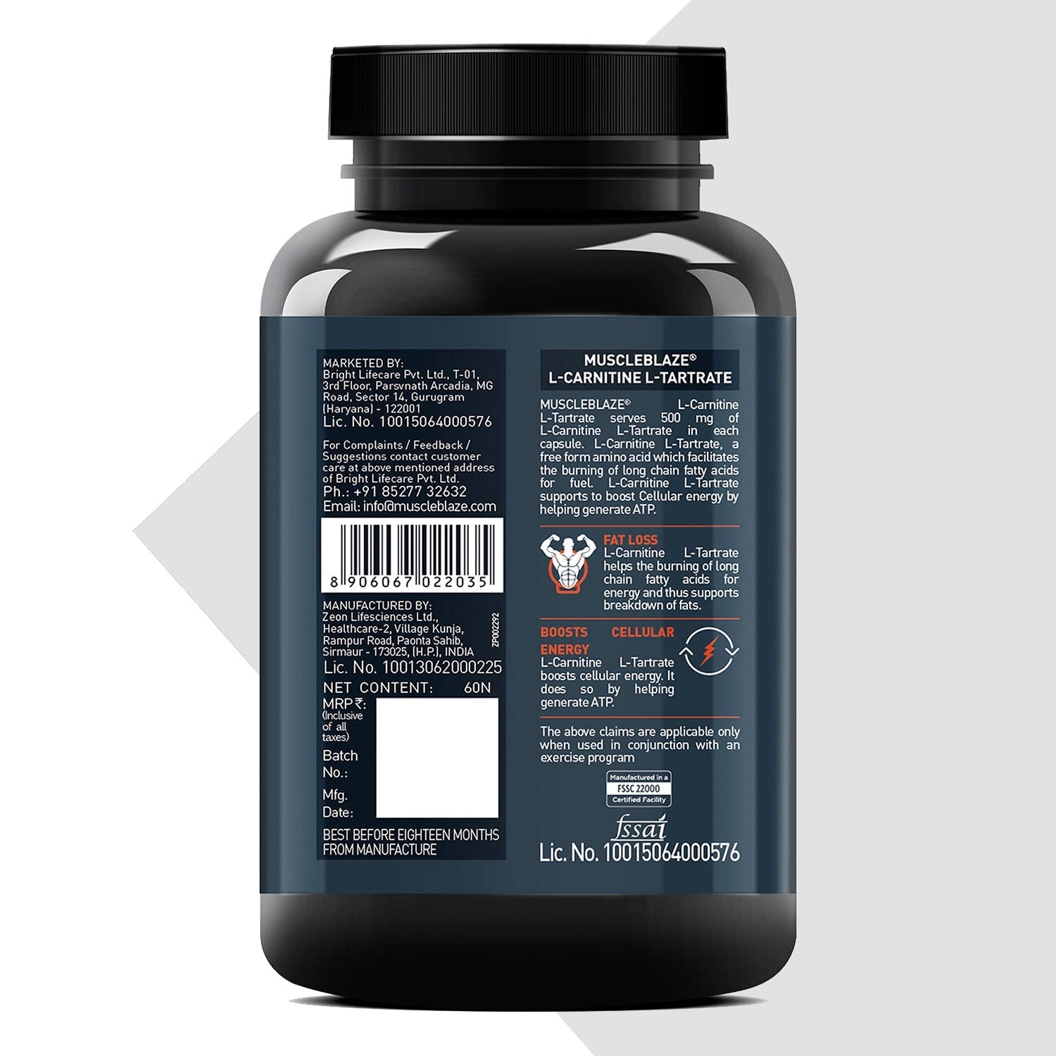 MuscleBlaze L-Carnitine L-Tartrate for Adults, Helps Convert Fat into Energy (Unflavoured, Capsules 60 Count )